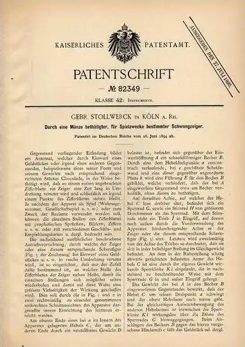 Original Patentschrift - Gebr. Stollwerck in Köln a. Rh, 1894, Automat für Schokolade mit Münzeinwurf und Schwunganzeige