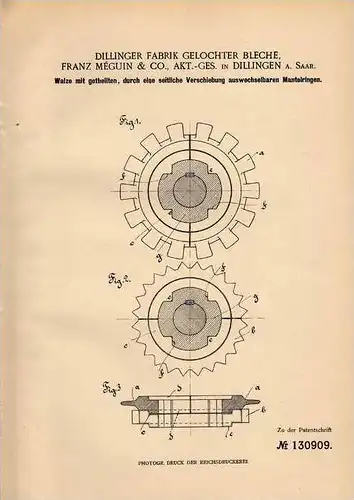 Original Patentschrift - F. Méguin & Co in Dillingen a. Saar , 1901 , Walze , Brechwalze  !!!
