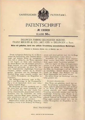Original Patentschrift - F. Méguin & Co in Dillingen a. Saar , 1901 , Walze , Brechwalze  !!!