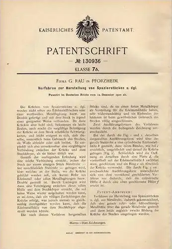 Original Patentschrift - Fe. Rau in Pforzheim , 1900 , Spazierstock , Krückstock , Wandern !!!