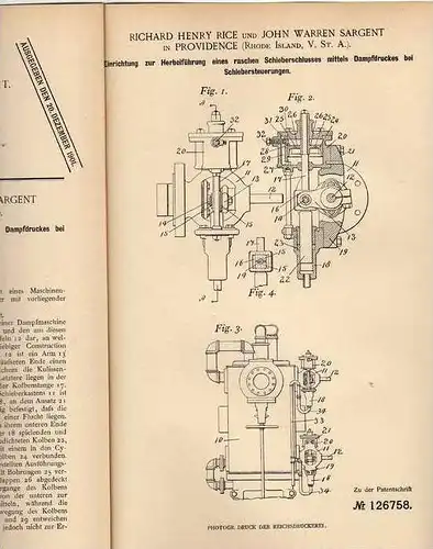 Original Patentschrift - R. Rice in Providence , Rhode Island , 1899 , Dampfschieber , Dampfmaschine , USA  !!!