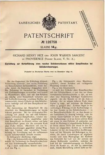 Original Patentschrift - R. Rice in Providence , Rhode Island , 1899 , Dampfschieber , Dampfmaschine , USA  !!!
