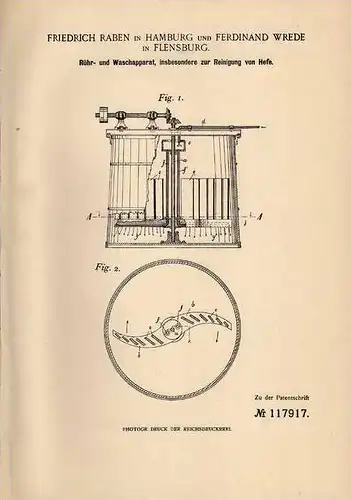 Original Patentschrift - F. Wrede in Flensburg und Hamburg , 1900 , Waschapparat für Hefe , Bier , Brauerei !!!