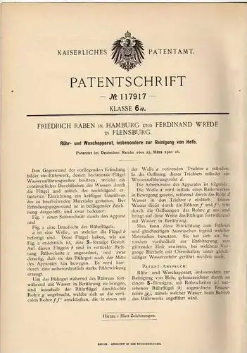 Original Patentschrift - F. Wrede in Flensburg und Hamburg , 1900 , Waschapparat für Hefe , Bier , Brauerei !!!