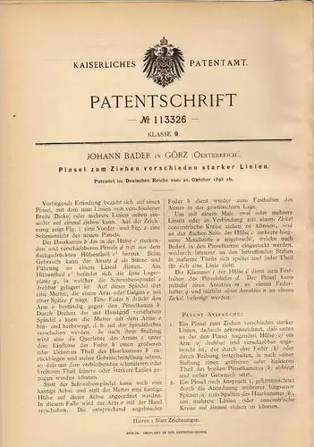 Original Patentschrift - J. Bader in Görz / Gorizia , 1898 , Pinsel für verschieden starke Linien !!!