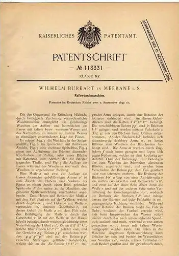 Original Patentschrift - W. Burkart in Meerane i.S., 1899 , Faß - Waschmaschine , Fässer , Bierfass , Fass !!!