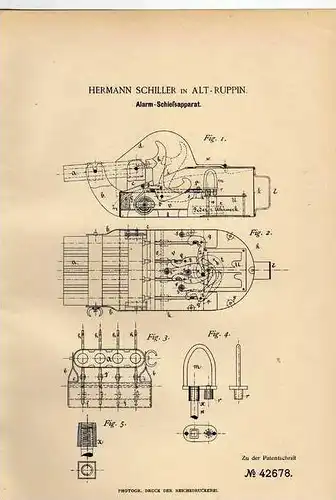Original Patentschrift - H. Schiller in Alt Ruppin , 1887 , Alarm Schießapparat , Gewehr , Pistole , Jagd , Neuruppin !!