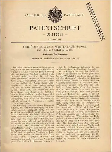 Original Patentschrift - Gebr. Sulzer in Winterthur und Ludwigshafen , 1899 , Ventilsteuerung !!!