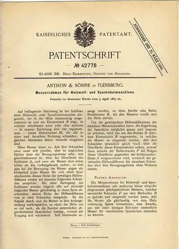 Original Patentschrift - Anthon & Söhne in Flensburg , 1887 , Holzwoll- und Spannhobelmaschine !!!
