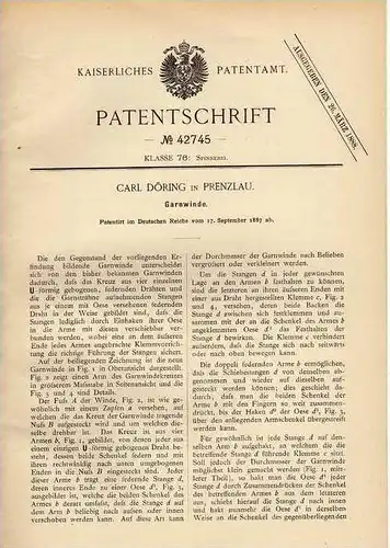 Original Patentschrift - C. Döring in Prenzlau , 1887 , Garnwinde , Garn , Schneiderei , Scheider !!!