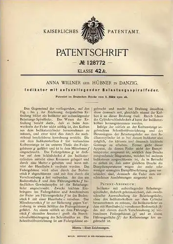 Original Patentschrift - A. Willner in Danzig , 1901 , Indikator mit Spiralfeder !!!