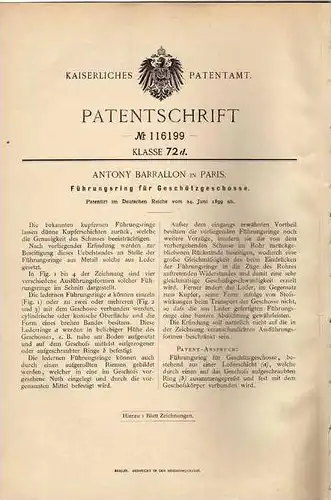 Original Patentschrift - Munition , Geschoss , Patrone , 1899 , A. Barrallon in Paris !!!