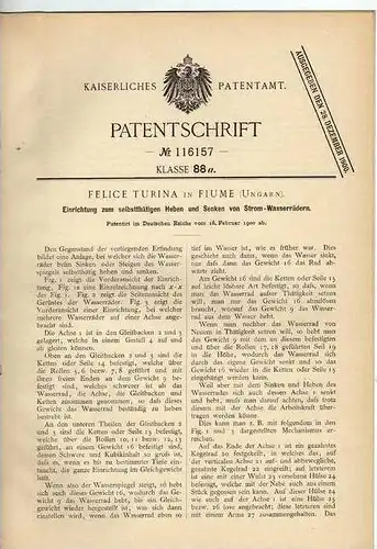 Original Patentschrift - F. Turina in Fiume / Rijeka , 1900, Wasserrad , Wassermühle , Mühle !!!