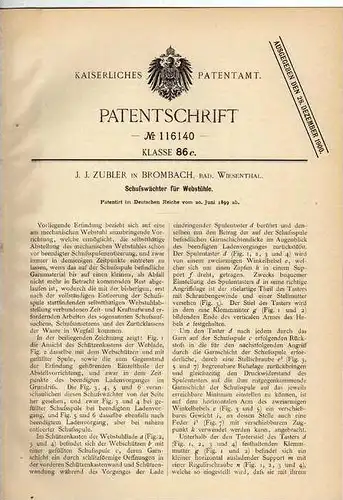 Original Patentschrift - J. Zubler in Brombach , Bad Wiesenthal , 1899 , Schußwächter für Webstuhl , Weberei !!!