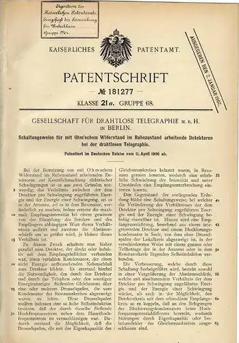 Original Patentschrift -  Drahtlose Telegraphie GmbH in Berlin , 1906 , Telegraphie Schaltung , Telephon , telegraphy !!