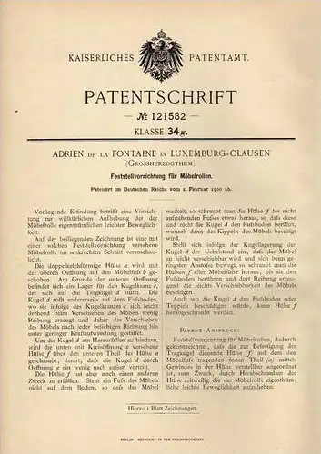 Original Patentschrift - A. Fontaine in Luxemburg - Clausen , 1900 , Möbelrollen , Möbel , Schrank , Luxembourg !!!