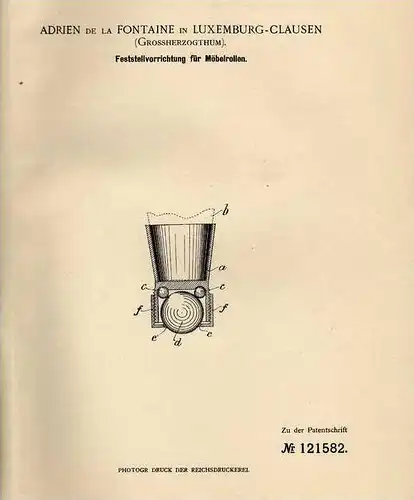 Original Patentschrift - A. Fontaine in Luxemburg - Clausen , 1900 , Möbelrollen , Möbel , Schrank , Luxembourg !!!