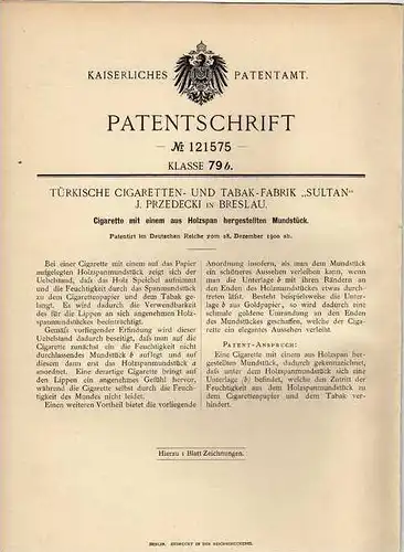 Original Patentschrift - Türk. Cigaretten und Tabak Fabrik "Sultan" in Breslau , 1900, Cigarette , Zigarre , Pfeife !!!