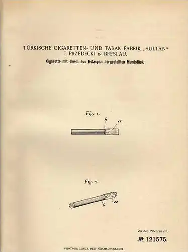 Original Patentschrift - Türk. Cigaretten und Tabak Fabrik "Sultan" in Breslau , 1900, Cigarette , Zigarre , Pfeife !!!