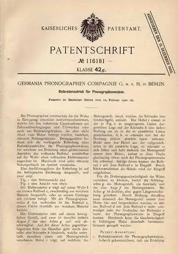 Original Patentschrift - Germania Phonographen Compagnie in Berlin , 1900 , Phonograph , Telephon !!!