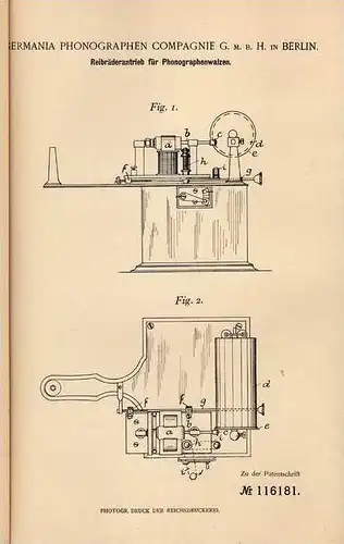 Original Patentschrift - Germania Phonographen Compagnie in Berlin , 1900 , Phonograph , Telephon !!!