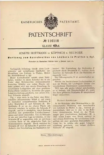 Original Patentschrift - J. Hoffmann in Köpprich b. Neurode , 1900, Werkzeug zum Ausschneiden von Platten !!!