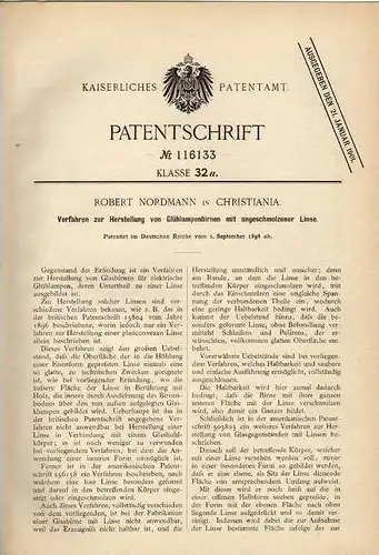Original Patentschrift - Herstellung von Glühlampen , 1898, R. Nordmann in Christiania , Lampen !!!