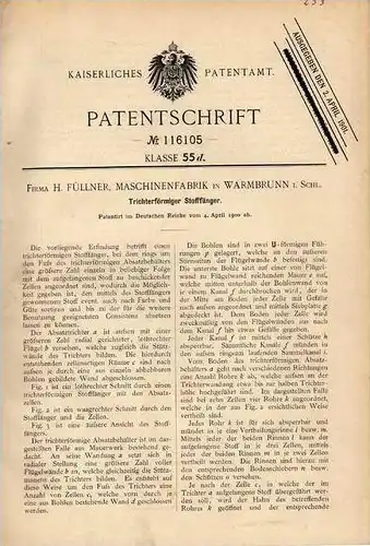 Original Patentschrift - H. Füllner in Warmbrunn i. Schlesien , 1900, Stoffänger !!!