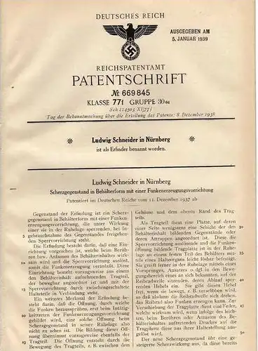 Original Patentschrift - L. Schneider in Nürnberg , 1937 , Scherzartikel , Funkenerzeuger !!!