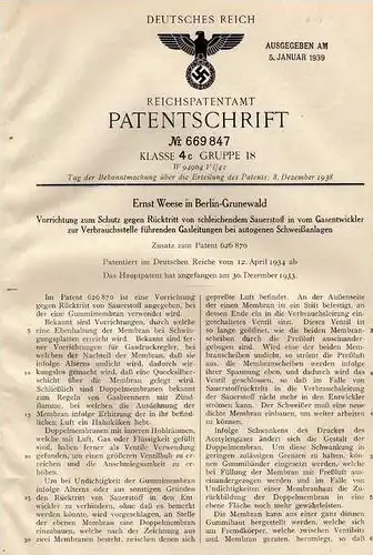 Original Patentschrift - E. Weese in Berlin - Grunewald , 1934 , Rückschlagschutz für autogenes Schweißgerät !!!