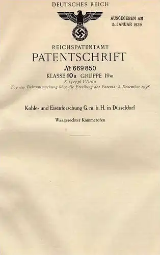 Original Patentschrift - Kohle - und Eisenforschung GmbH in Düsseldorf , 1936 , Kammerofen , Brennofen !!!