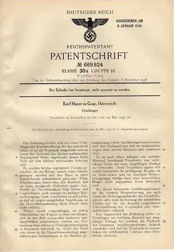 Original Patentschrift - K. Haase in Graz , Österreich , 1937 , Urinfänger , Urin !!!