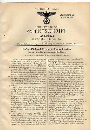 Original Patentschrift -  Preß- und Walzwerk AG in Düsseldorf - Reisholz , 1936, Kern für Hohlkörper !!!
