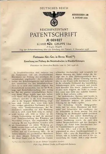 Original Patentschrift - Druckluftmesser , 1936 , Flottmann AG in Herne , Westfalen !!!