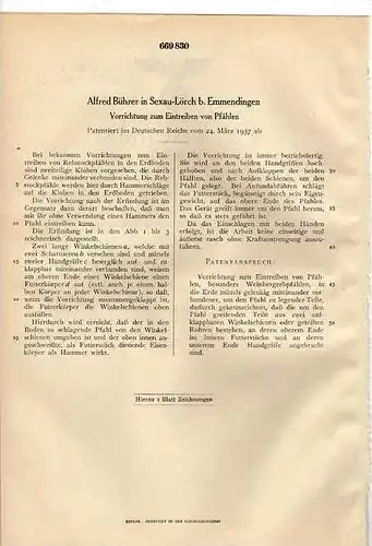 Original Patentschrift - A. Bührer in Sexau - Lörch b. Emmendingen , 1937 , Pfahleintreiber !!!