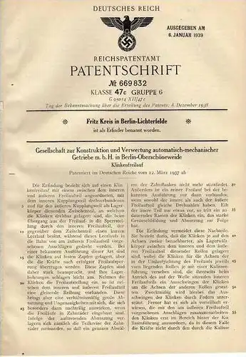 Original Patentschrift - Getriebe GmbH in Berlin - Oberschöneweide , 1937 , Automatikgetriebe !!!