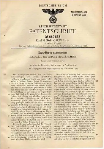 Original Patentschrift - E. Hoppe in Amsterdam , 1936 , mehrwandiger Sack !!!
