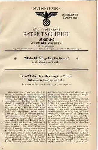 Original Patentschrift - W. Suhr in Hagenburg b. Wunstorf , 1938 ,  Federschere , Fensterbau , Fenster !!!