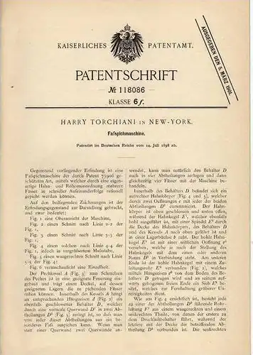 Original Patentschrift - Faßspichmaschine , 1898 , H. Torchiani in New York , Fass , Fässer , Bierfass !!!