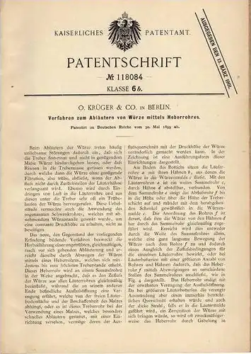 Original Patentschrift - O. Krüger & Co in Berlin , 1899 , Brauerei , Bier , Wein , Abläutern von Würze !!!