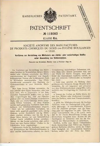 Original Patentschrift - E. Boullanger in Lille , 1899 , Herstellung von Milchsäure , Chemie !!!