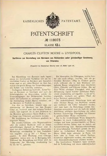 Original Patentschrift -  Herstellung von Borsäure , 1900 , Ch. Moore in Liverpool , Chemie , Labor !!!