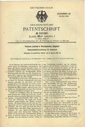 Original Patentschrift - Vickers Ltd. in Westminster , England , 1926 , Tiefeneinstellapparat für Seemine , mine !!!