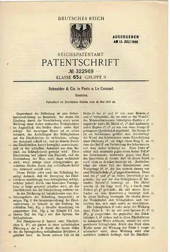 Original Patentschrift - Seemine , 1914 , Schneider & Cie in Le Creusot und Paris , mine !!!