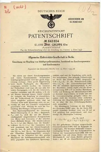 Original Patentschrift - AEG in Berlin , 1934 , Propeller Antrieb für Schiffe , Synchronmotor !!!