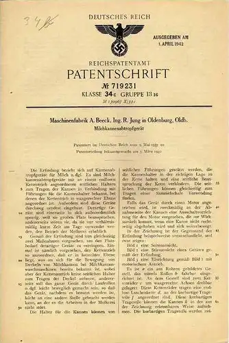 Original Patentschrift - A. Beeck in Oldenburg , 1935 , Milchkannen Gerät , Milchkanne !!!