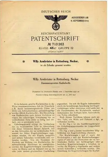 Original Patentschrift - W. Armbrüster in Rottenburg , Neckar , 1937 , Kurbelwelle !!!
