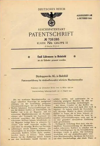 Original Patentschrift -  Dürkopp Werke in Bielefeld , 1939 , Lafette für Maschinenwaffen , MG !!!