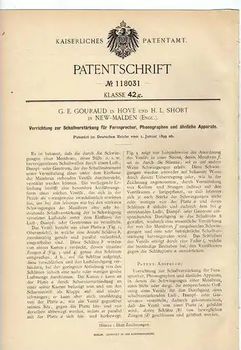 Original Patentschrift -  Schallverstärker für Phonograph , Telephon , 1899 , G. Gouraud in Hove und New Malden England