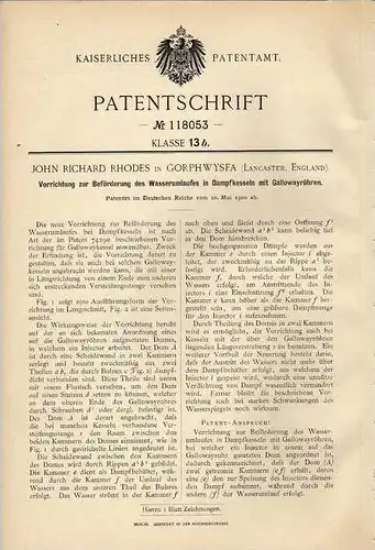 Original Patentschrift - J. Rhodes in Gorphwysfa , Lancaster , 1900 , Dampfkessel mit Gallowayröhren  !!!